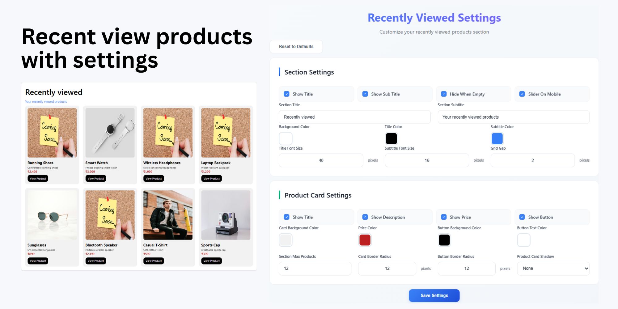 Recent view products with settings